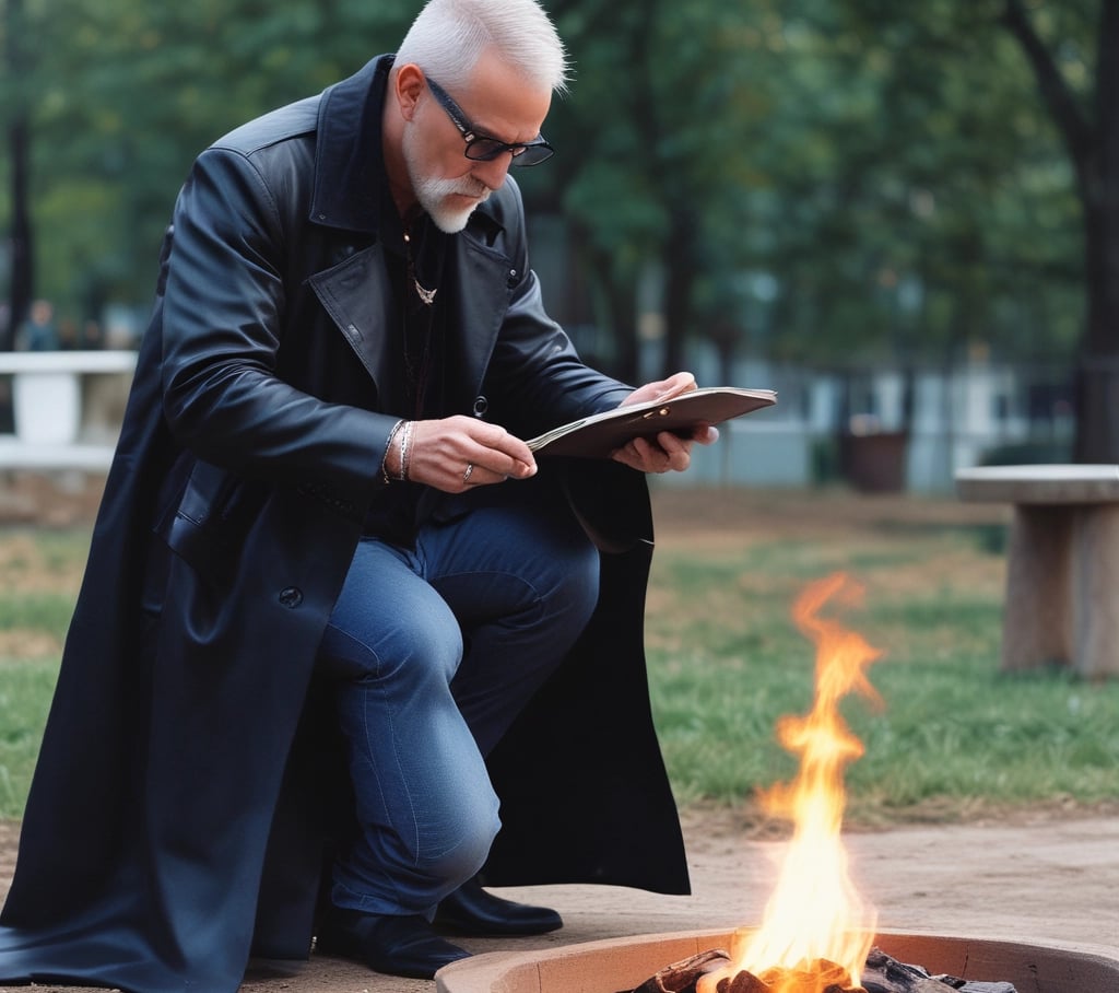 a man in a black coat and a tablet computer