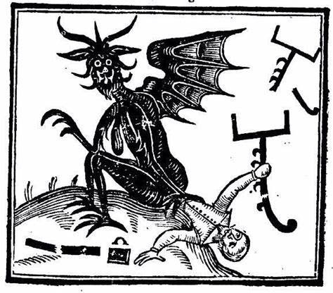 Vintage occult woodcut illustration of a winged demon with horns attacking a man with occult symbols.