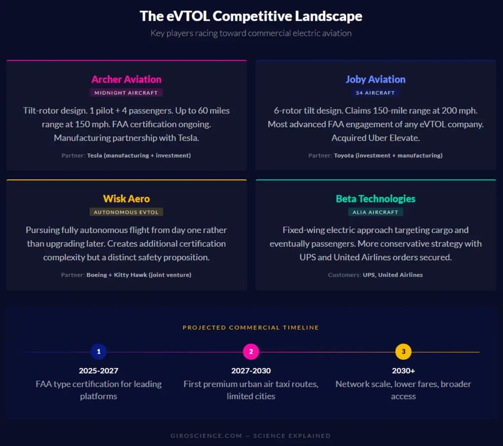 Overview of eVTOL companies including Archer Joby Wisk Beta with timeline