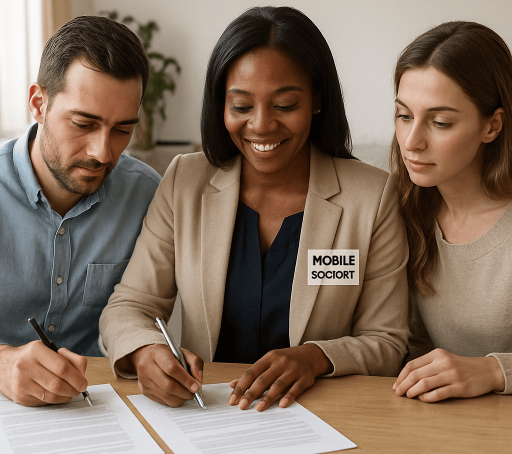 Mobile notary signing documents with clients