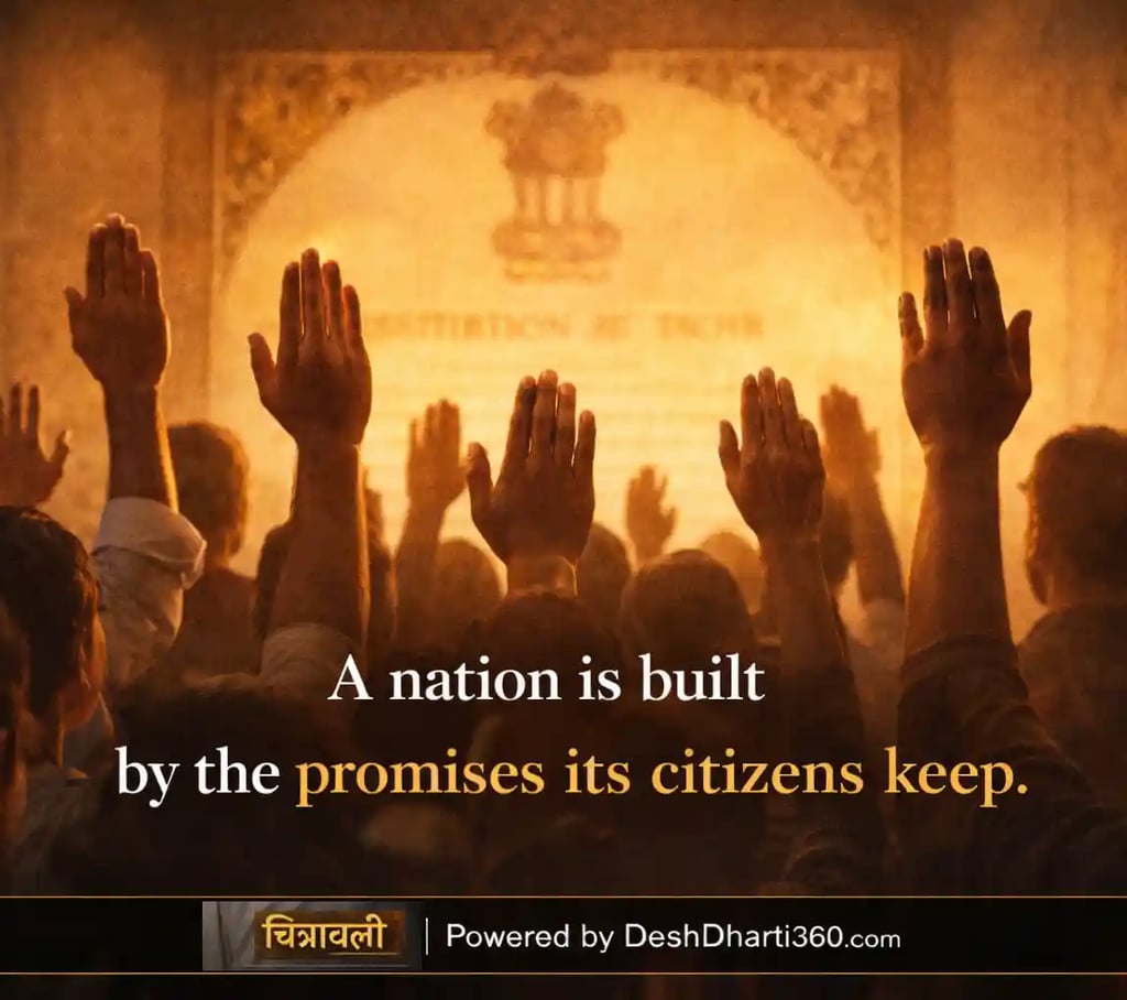 Citizens raising hands in pledge before symbolic constitution background, representing national citizen charter.