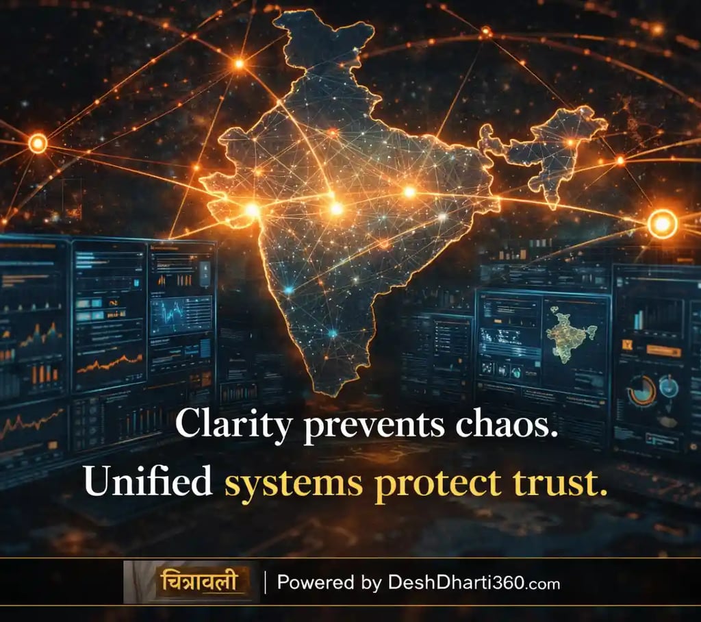 Digital emergency control dashboard over India map representing unified national communication system.