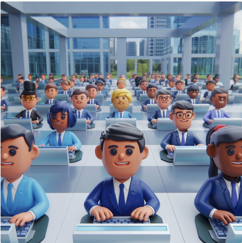 a group of people sitting at desks in a classroom