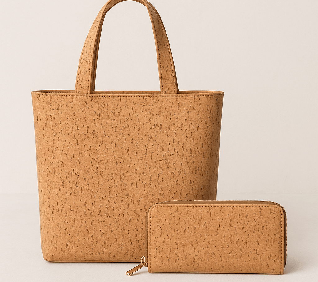 A natural cork fabric tote bag with handles sits behind a matching zippered wallet.
