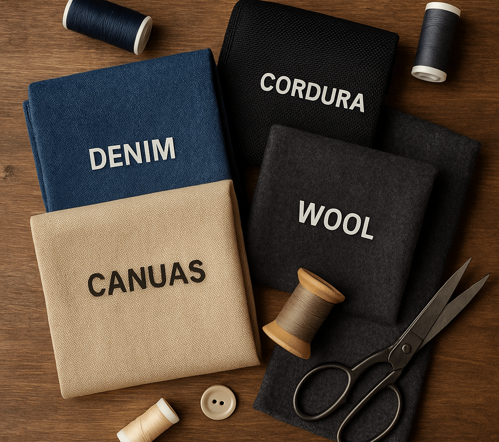 Flat lay of durable sewing fabrics including denim, canvas, Cordura, and wool.