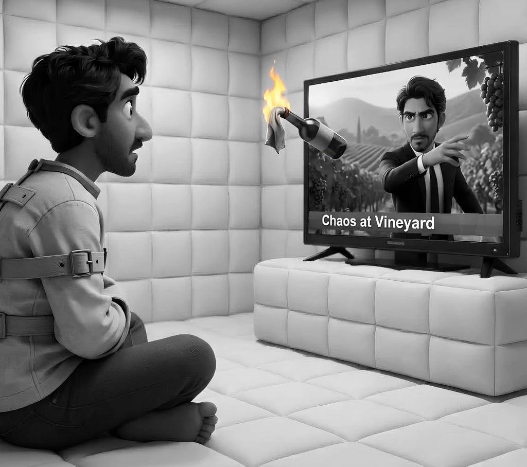 A man in a straitjacket watching an executive throw a flaming wine bottle on the news.