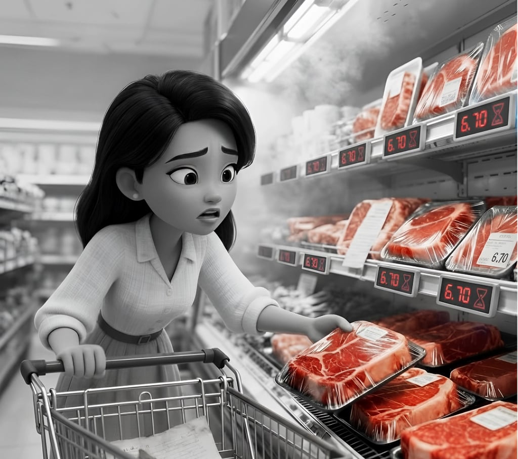 Shopper races against a digital countdown noting the cost of her meat is about to randomly change