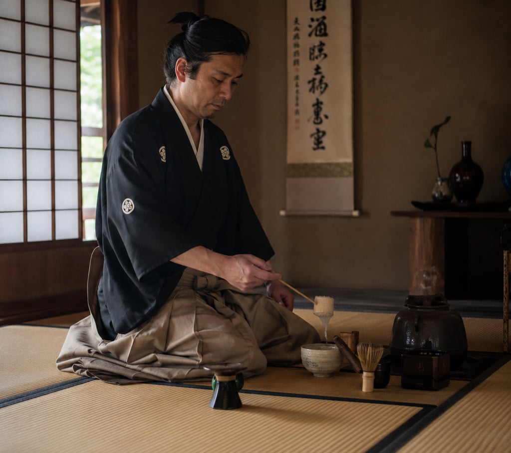 A man in a traditional Japanese kimono performs a tea ceremony on a tatami mat.
