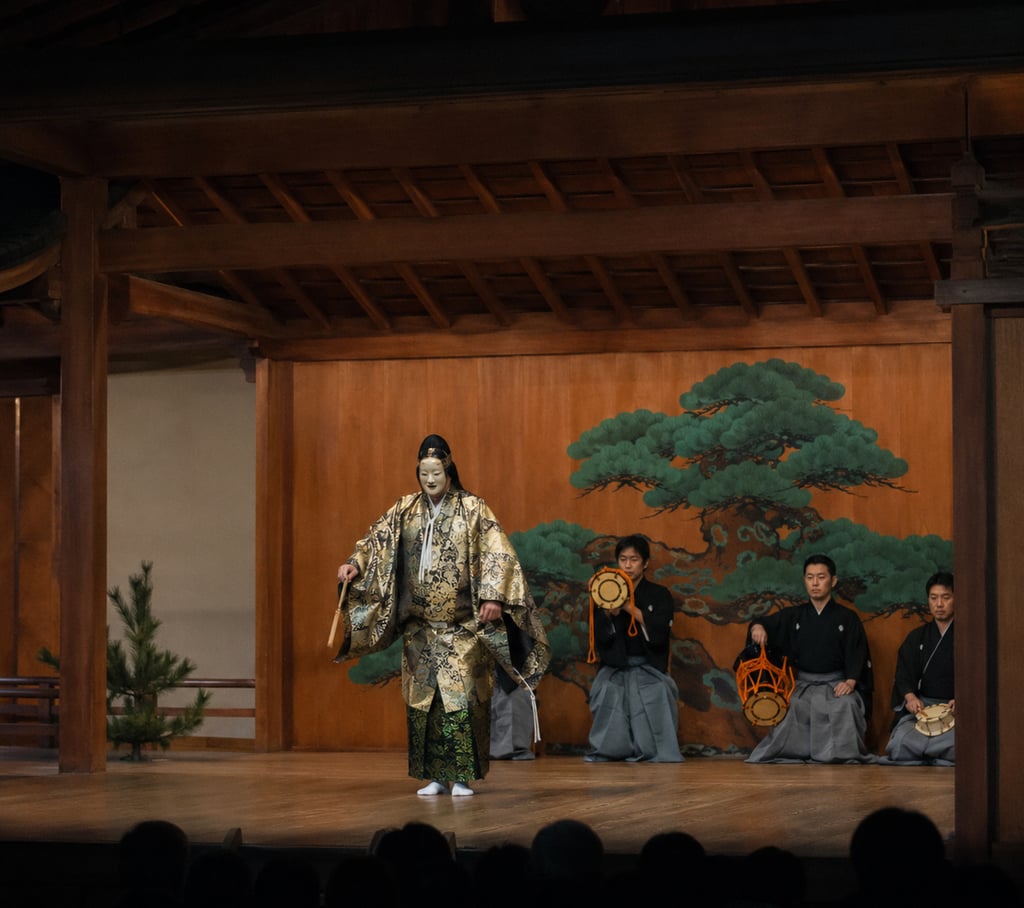 A Japanese Noh theater performance featuring a masked actor in a gold kimono and traditional musicians.