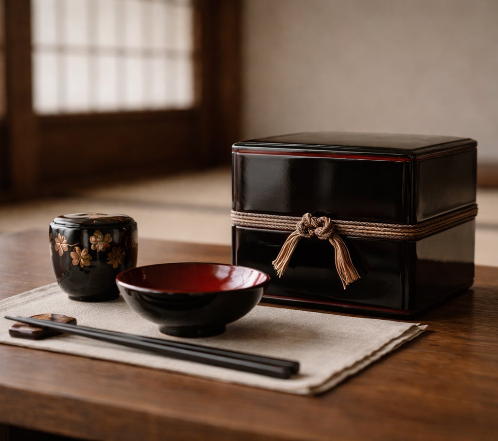 Traditionelle japanische Urushi-Lackarbeiten in einem ruhigen japanischen Innenraum: eine schwarze,