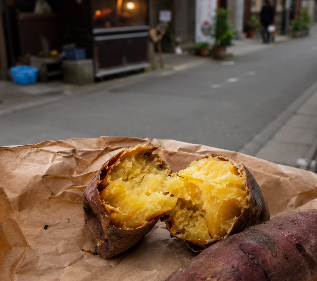 Roasted Japanese sweet potato yaki-imo broken open on brown paper in a Tokyo street.
