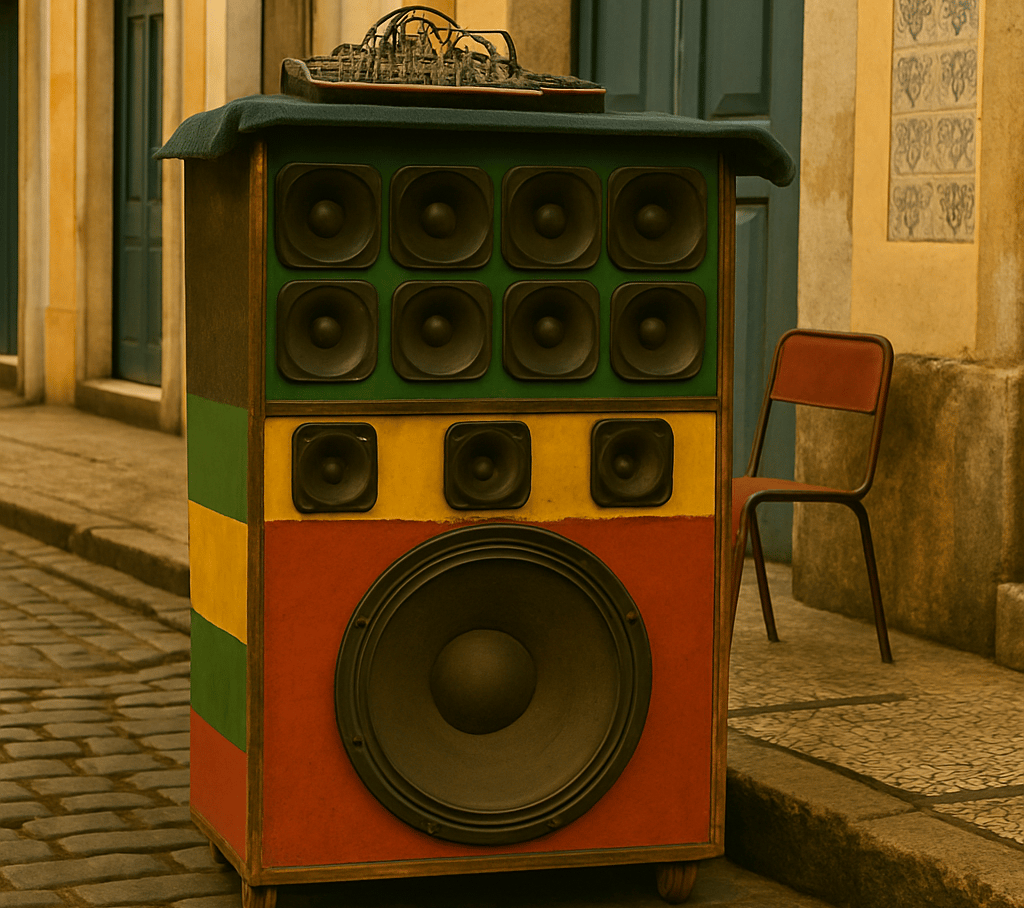 Caixa de som tradicional pintada com as cores do reggae em rua de São Luís