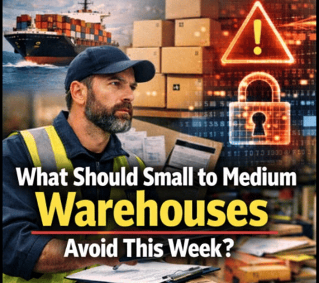 Warehouse manager reviewing inbound freight, labor plan, and inventory risks during a volatile supply chain week
