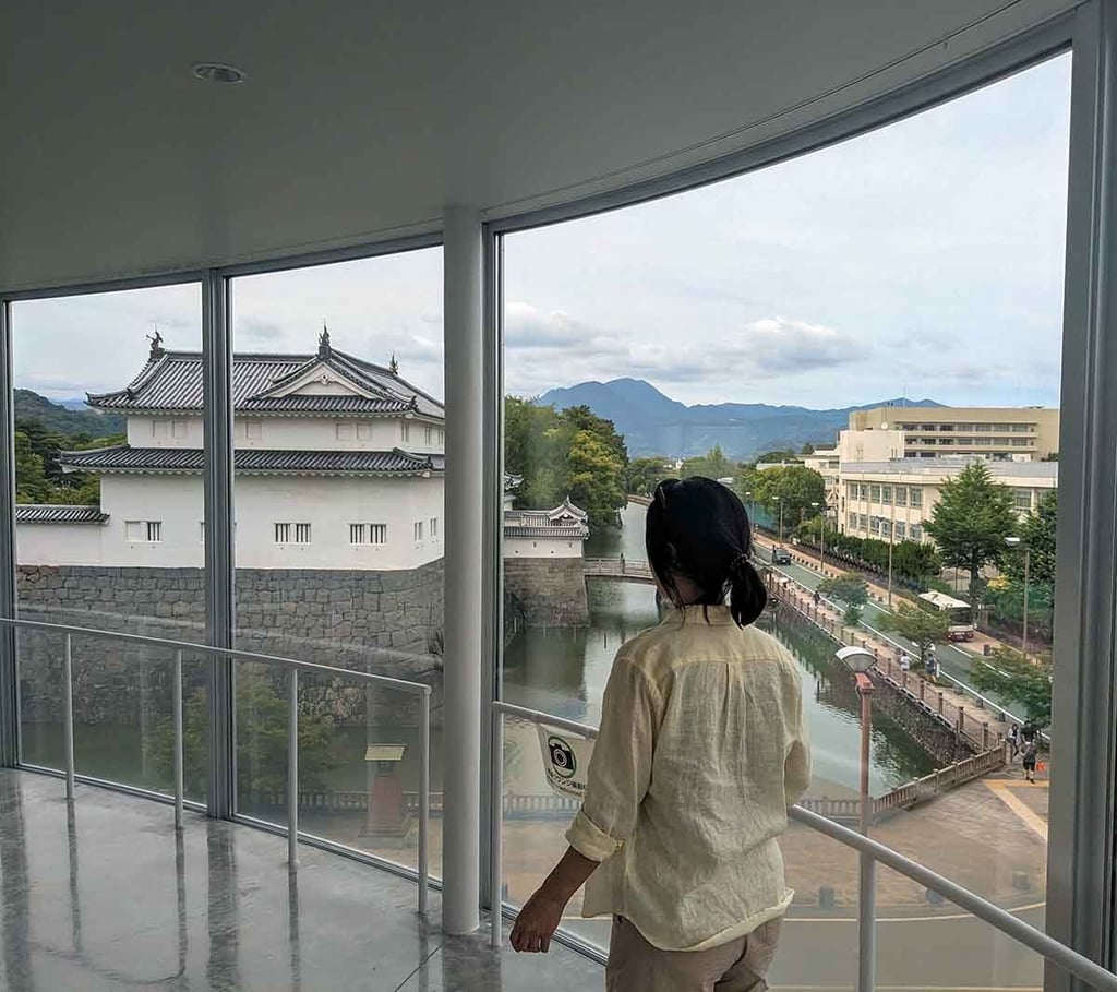 Woman looking out over Sunpu Castle and the surrounding cityscape in Shizuoka, Japan.