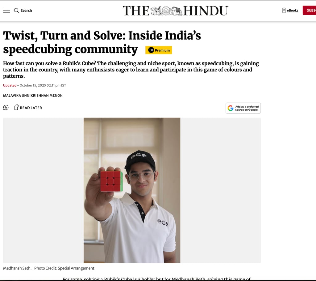 Medhansh Seth on the front page of the Hindu