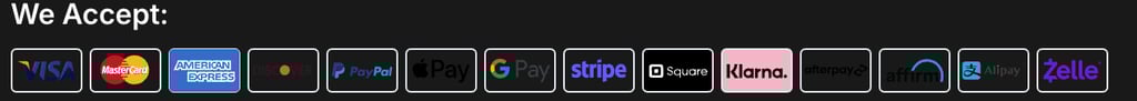 Accepted payment methods including Visa, Mastercard, PayPal, Apple Pay, and more
