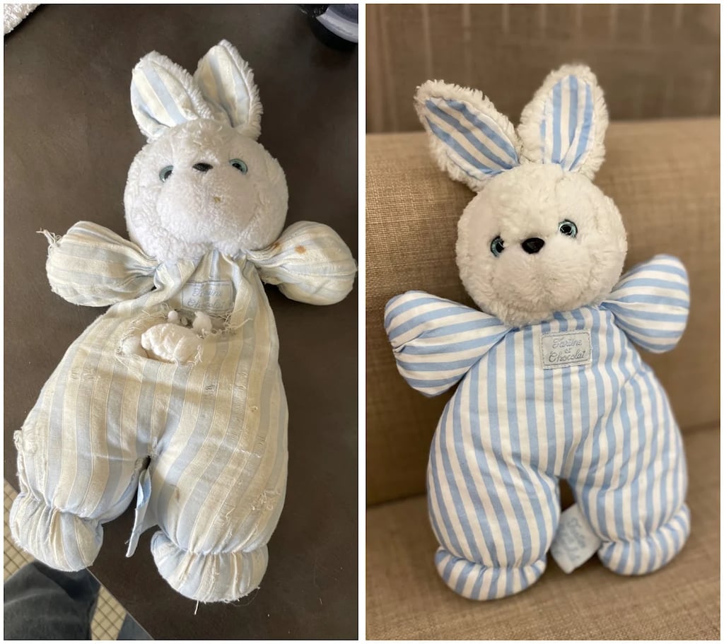 Réparation d'un doudou lapin bleu tartine et chocolat de plus de 30 ans par Mimidoudou and co Rouen
