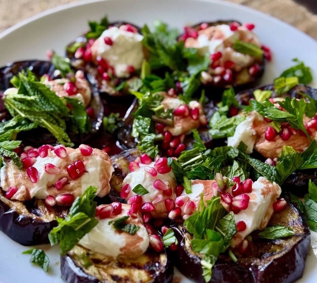 Pomegranate Topped Roasted Eggplant with Yogurt & Fresh Mint