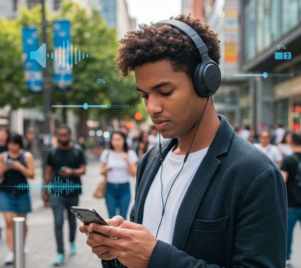 Pessoa usando fones de ouvido com volume seguro demonstrando práticas de proteção auditiva saudável