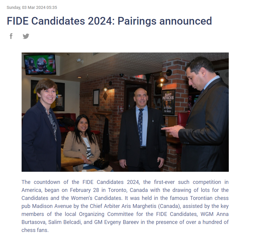 FIDE Chess Candidates 2024: Pairings announced