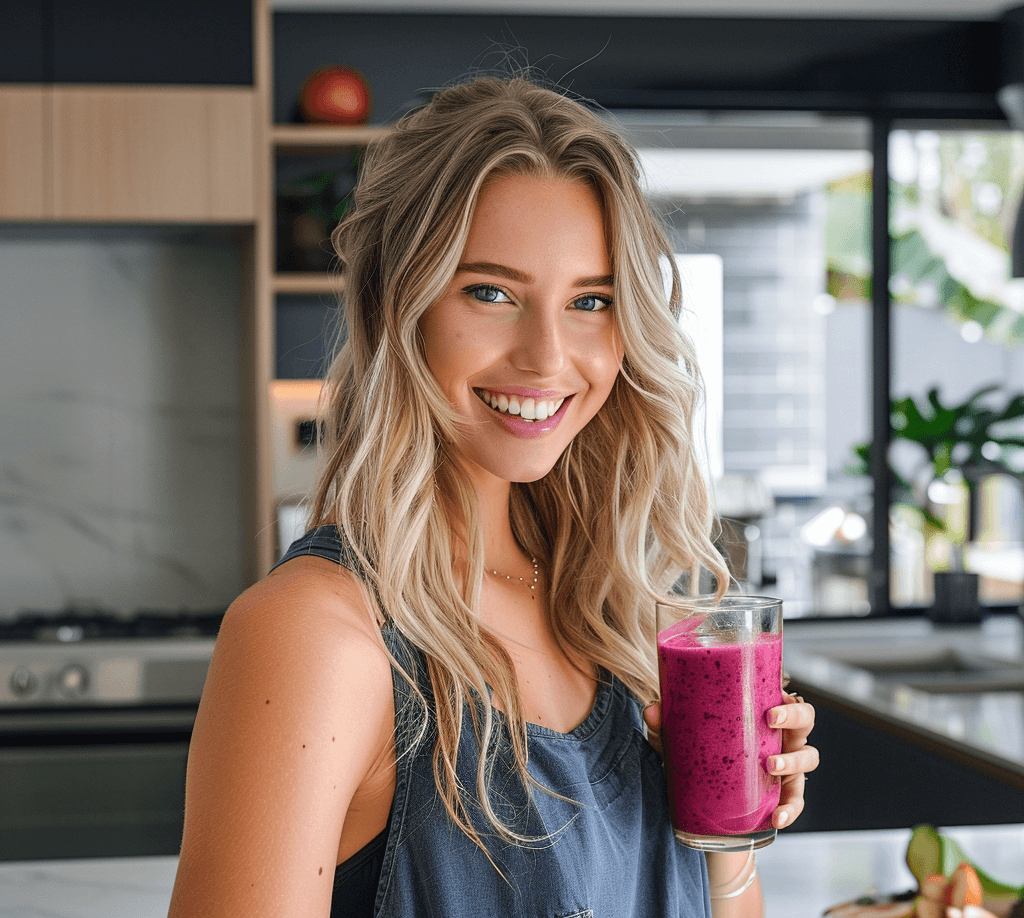 a woman holding a glass of fruit juice