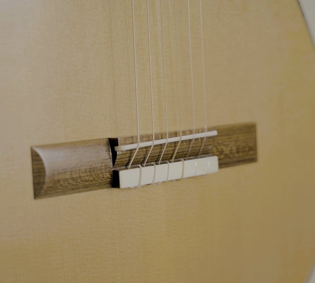 Close-up of a classical acoustic guitar bridge with nylon strings tied to a wooden saddle.