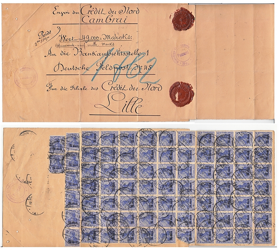 This cardboard label accompanied a postal parcel weighing 2.550 kg and containing 49,000 Marks. 