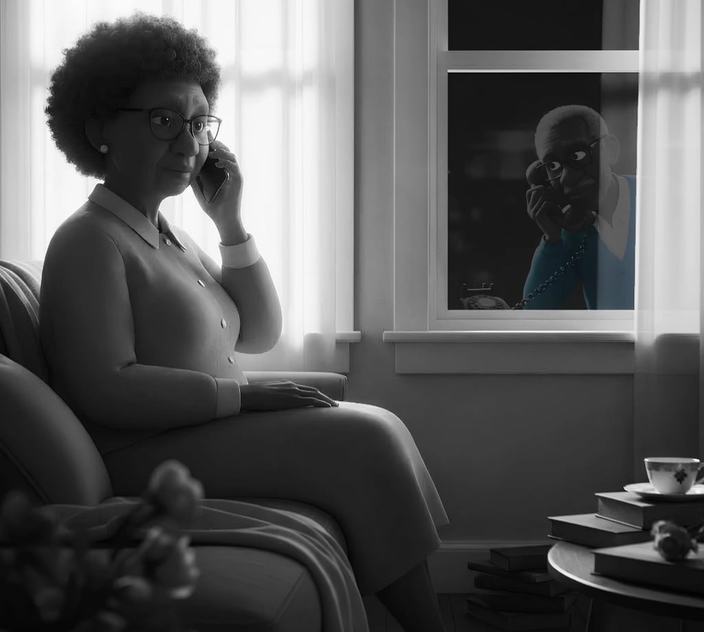 A senior sits in her living room on the phone while a man eavesdrops through her window
