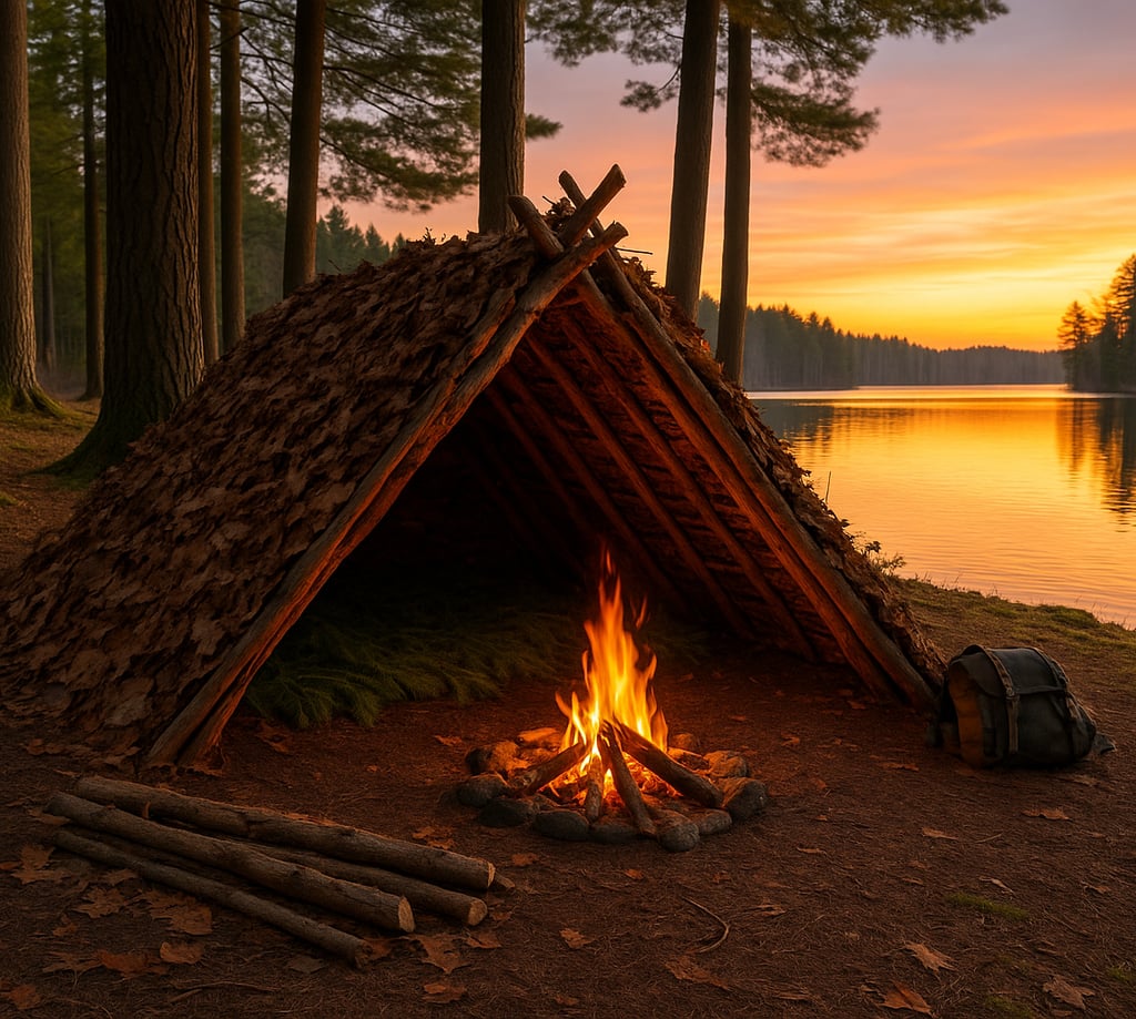 Lean-to shelter at lakefront campsite with fire and sunset, demonstrating wilderness survival shelter setup
