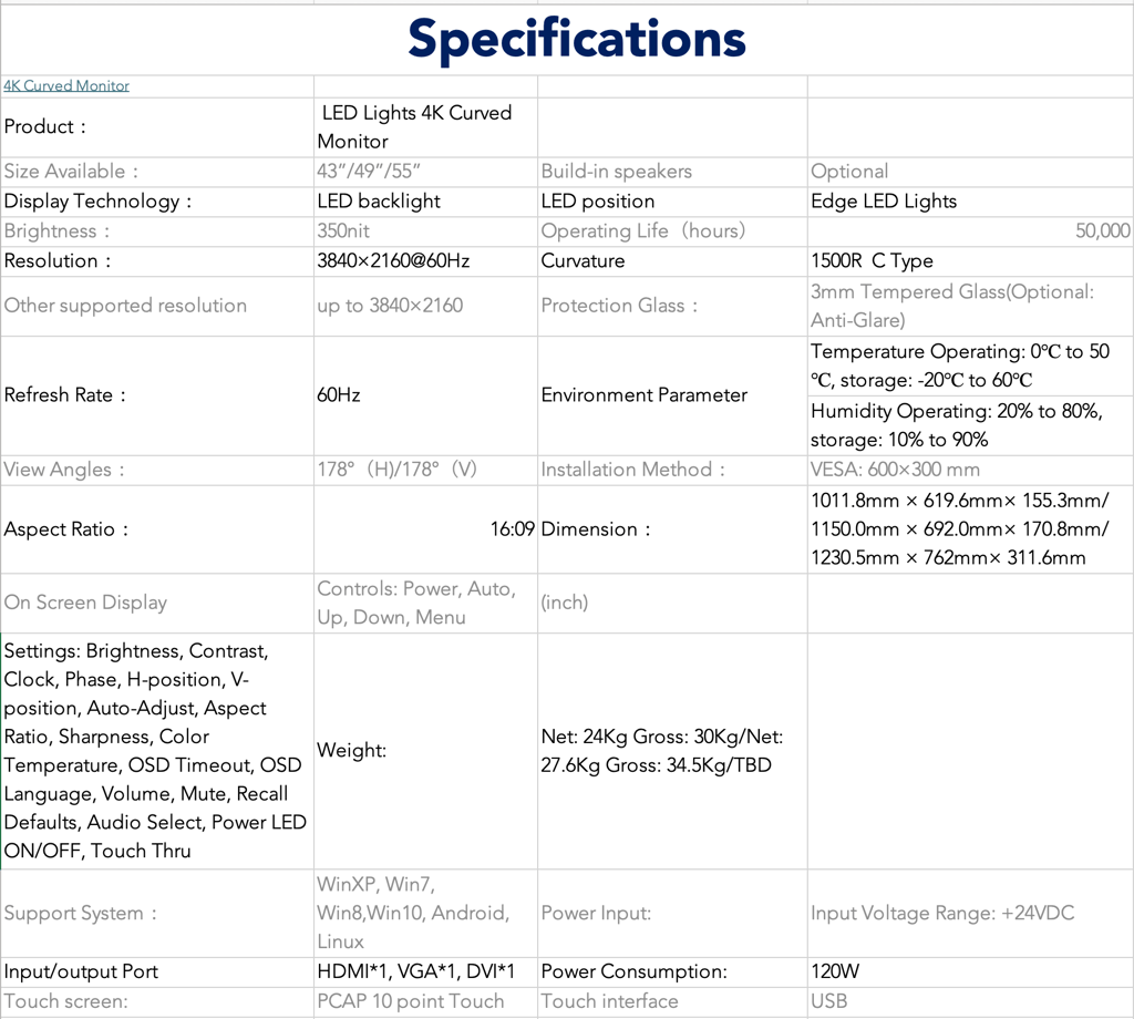 specifications of c curved screens in claratech