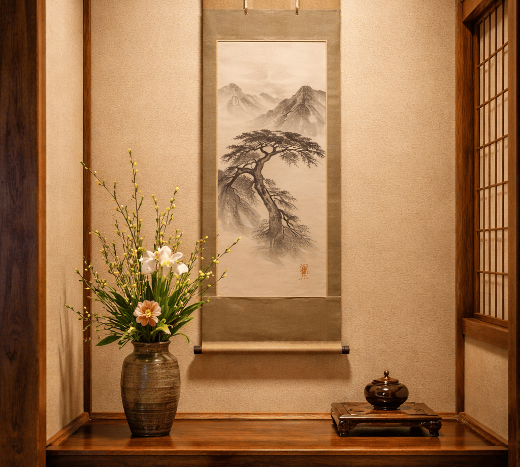 Traditional Japanese tokonoma with a hanging kakemono scroll and ikebana flower arrangement, express