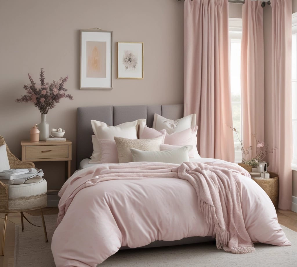 Modern bedroom with blush pink bedding, matching curtains, and minimalist wall art decor.