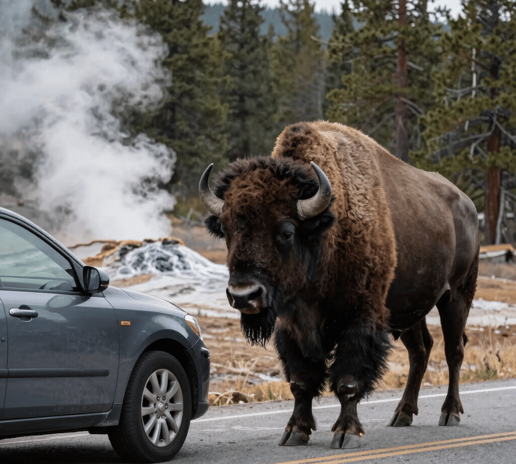 Massive bison near tourist car in Yellowstone