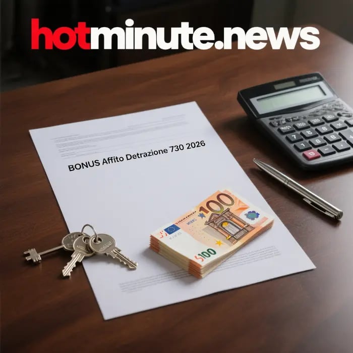 Scena da tavolo con banconote euro, chiavi, calcolatrice e foglio con scritta RENT PAYMENT DUE, bran