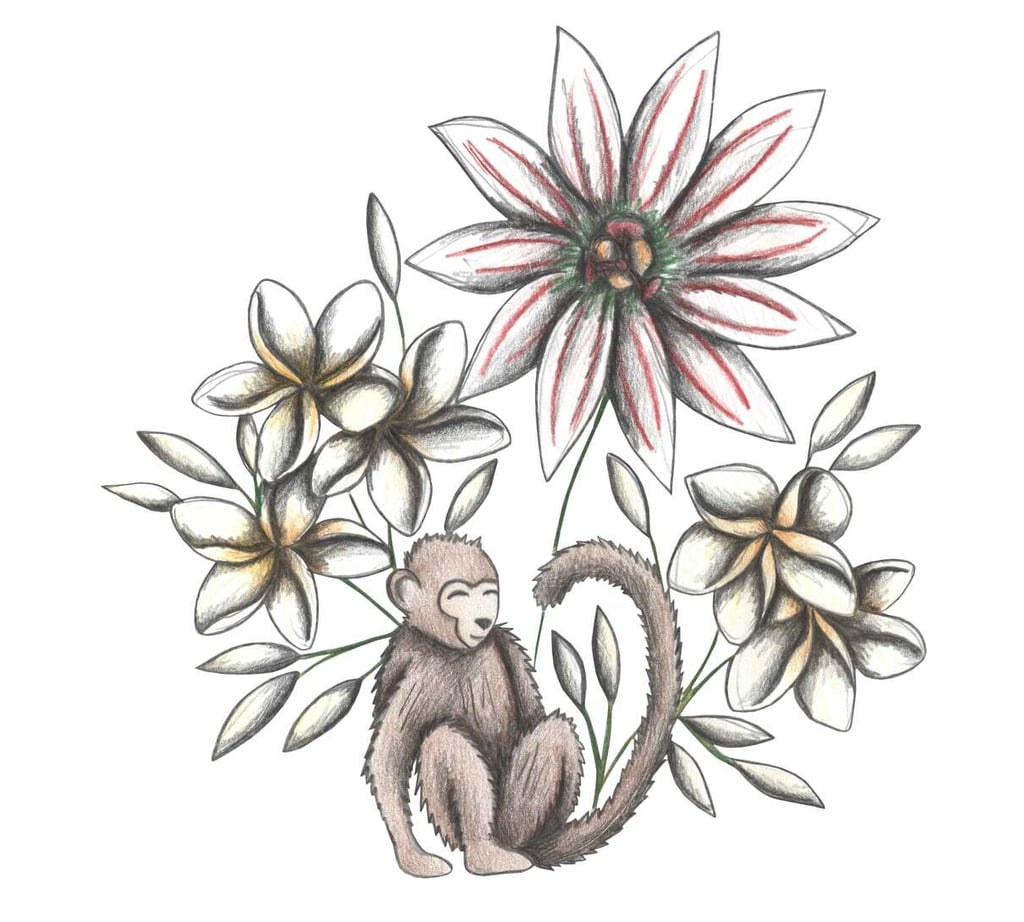 Hand-drawn illustration of a monkey surrounded by white tropical flowers