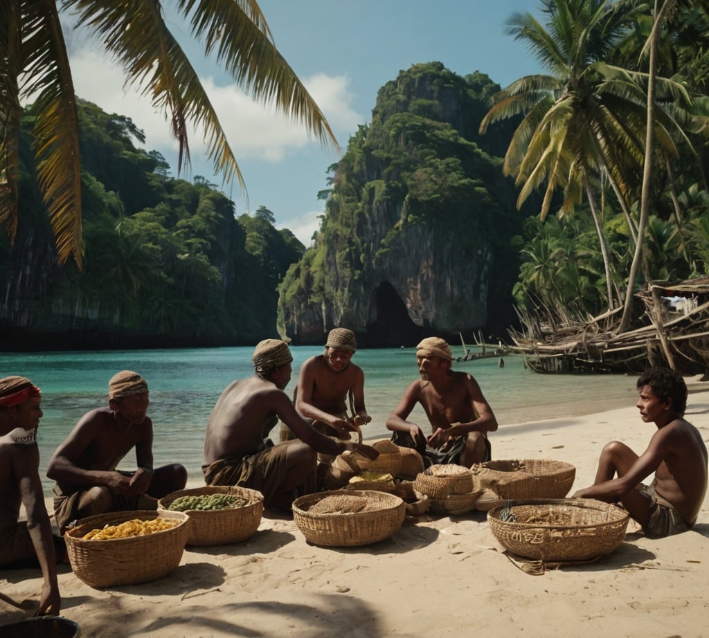 Pessoas comerciando em uma ilha