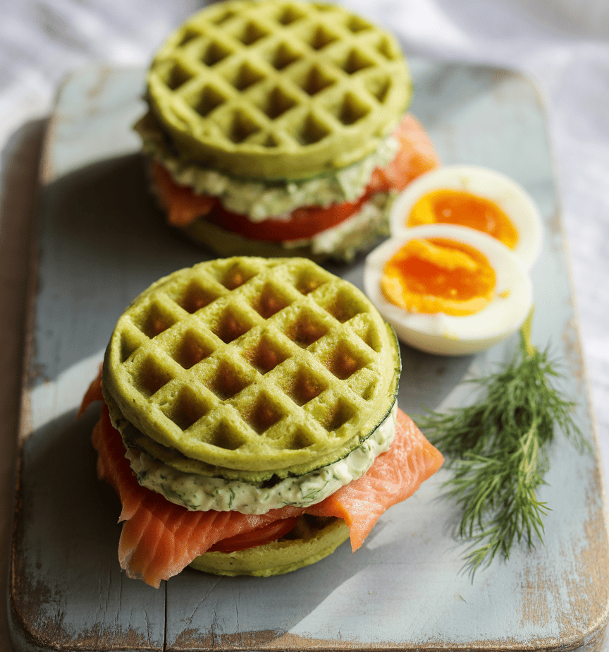 Two keto zucchini waffle sandwiches with smoked salmon, herbed avocado crema,and tomato slices