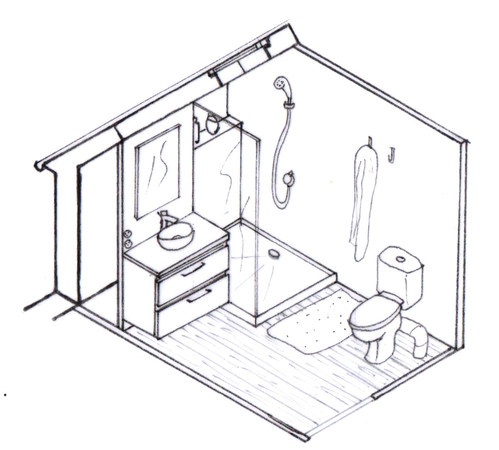 Maison H. Axonométrie aménagement salle d'eau sous pente