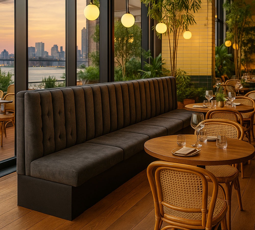 Custom banquette seating by Solo Home Decor, featuring sleek vertical tufted design, perfect for modern upscale dining spaces