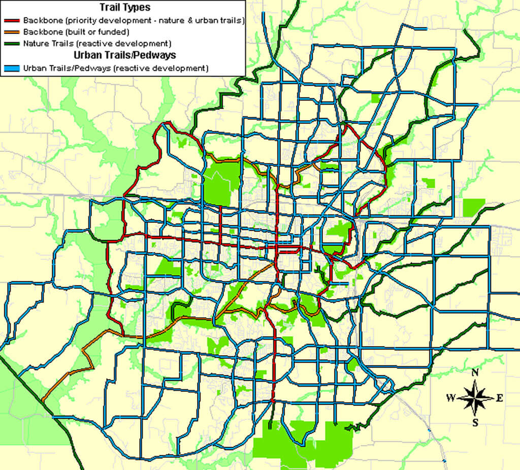 Digitally rendered map of Columbia with trails highlighted