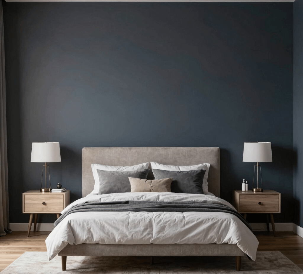 A dark modern bedroom featuring navy and charcoal walls, complemented by Light-colored. 