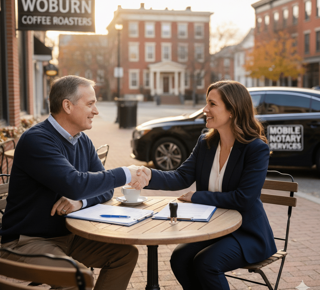 Local mobile notary meeting a client in Woburn MA