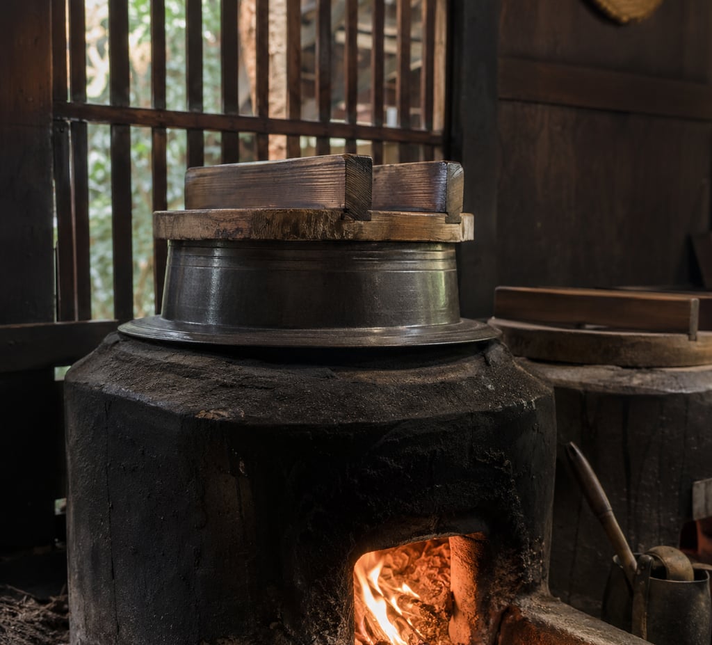 Traditional Japanese kamado clay stove with wood fire heating a hagama rice cooker pot.
