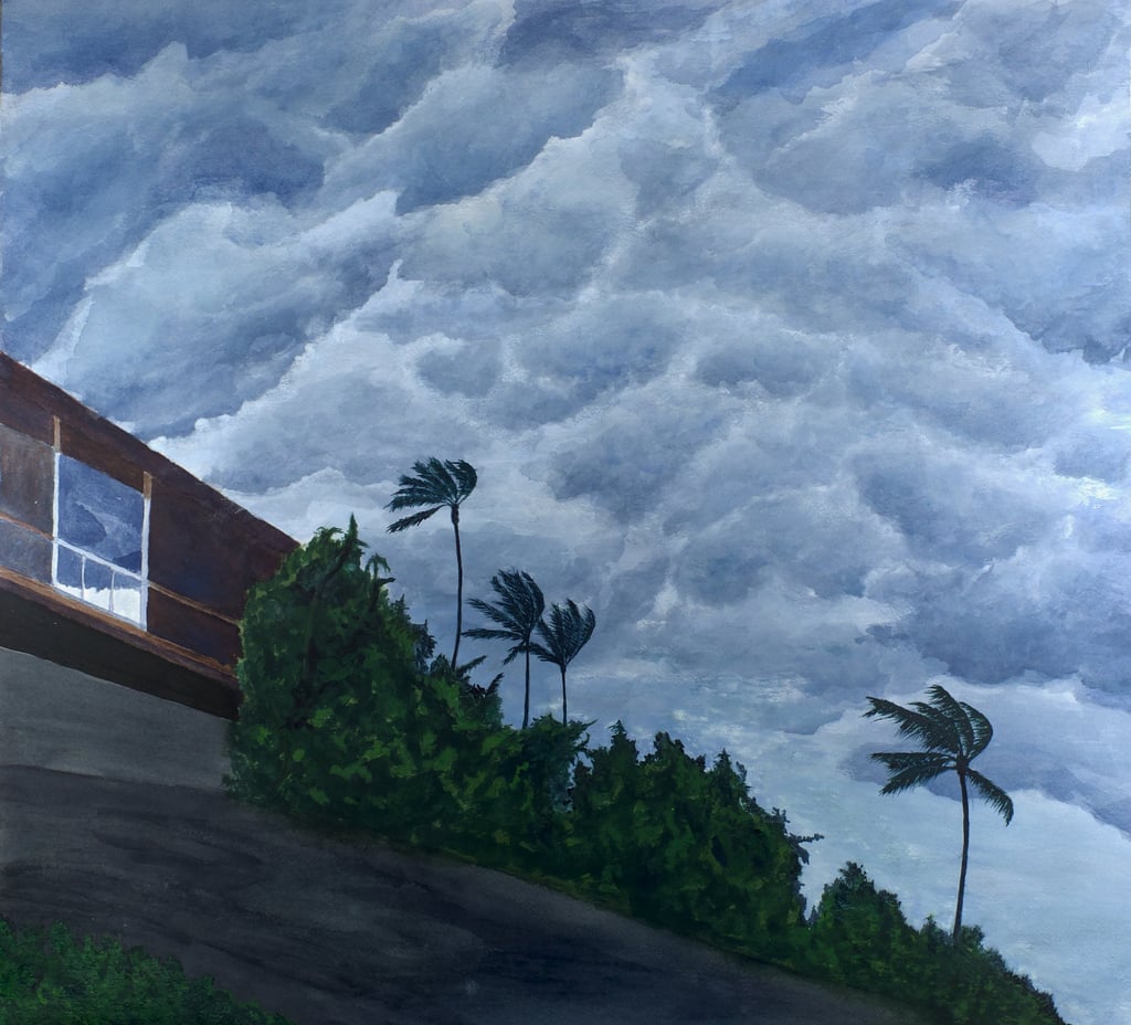 Watercolor and ink painting of a hurricane arrival  on a tropical island