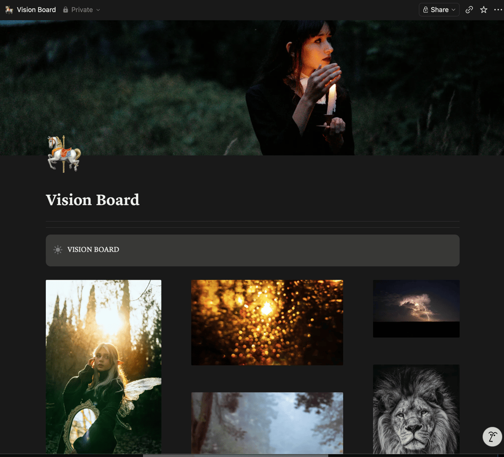 Digital vision board aesthetic with a dark forest, lit candle, golden bokeh, and a powerful lion portrait.