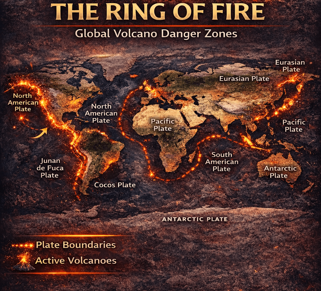 Global volcanic risk map showing Pacific Ring of Fire zones