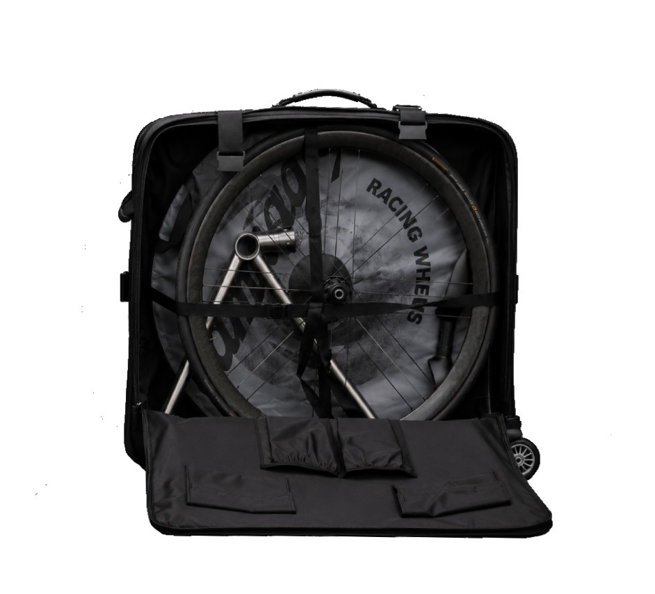 Dystrict bicycle travel case containing a road bike frame and wheels for secure transport.