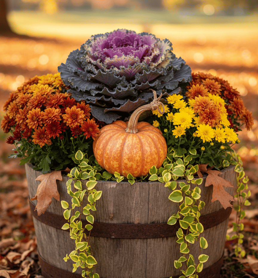 Rustic wooden barrel planter featuring fall mums, an ornamental cabbage, and a small pumpkin.