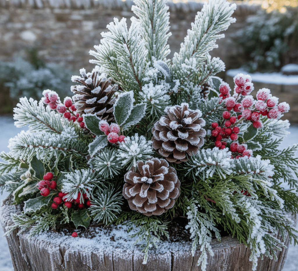Frosted winter planter with pine cones, red berries, and evergreen branches in a rustic wooden barrel.