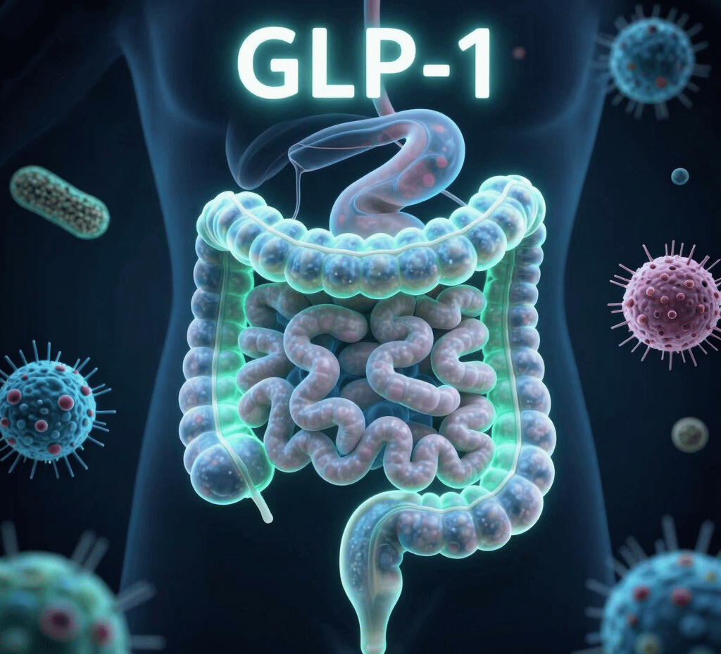 Medical illustration showing gut health and GLP-1 connection for best supplement weight loss with Rx